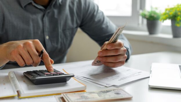 A man works through his finances and important documents